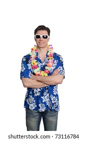 Man Standing On White Background With Hawaiian Shirt