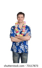 Man Standing On White Background With Hawaiian Shirt