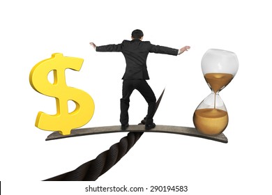 Man Standing On Wood Board Between Hourglass And Golden Dollar Sign, Balancing On Wire, Isolated On White. Time Is Money Concept.