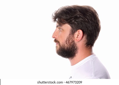 Man Standing Profile In A White T-shirt . Close Up.