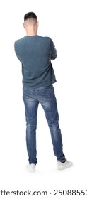 Man standing in queue on white background, back view