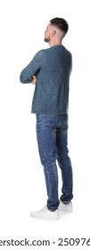 Man standing in queue on white background