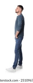 Man standing in queue on white background
