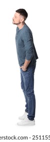 Man standing in queue on white background