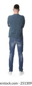 Man standing in queue on white background, back view