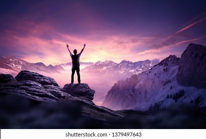 A man standing and reaching up into the sky. Goals, ambition and determination business concept. Photo composite. - Shutterstock ID 1379497643