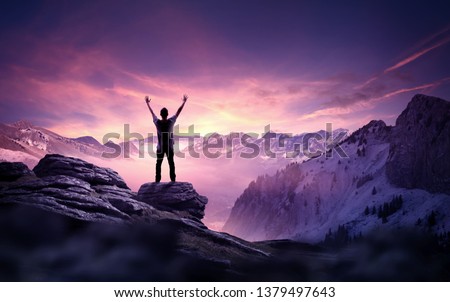 A man standing and reaching up into the sky. Goals, ambition and determination business concept. Photo composite.