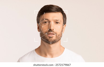 A man stands against a light backdrop, displaying facial recognition technology. Geometric patterns overlay his face, illustrating advancements in identification and biometric analysis.