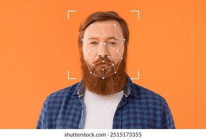A man stands against an orange backdrop while facial recognition patterns are displayed on his face.