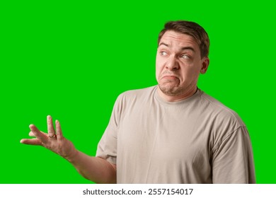 A man stands with arms crossed and a thoughtful expression in front of a green screen - Powered by Shutterstock