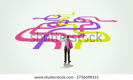 A man stands before the beginning of a labyrinth. Art collage.