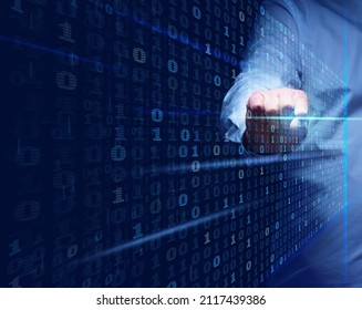 a man stands in front of a virtual screen with a binary code. Data verification, device and network control. Data protection, search for information leakage - Powered by Shutterstock - Get 15% off with code: PIKWIZARD15
