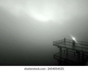 A man stands on an observation deck in the midst of heavy fog. - Powered by Shutterstock