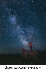 Man Stargazing At The Milky Way Galaxy From Lookout Spot