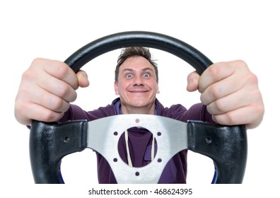 Man with a steering wheel, front view. Isolated on white background. Driver car concept