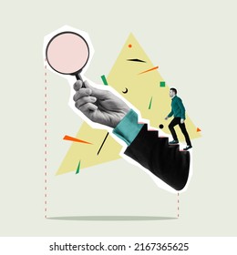 The man steps towards the hand with the magnifying glass. Art collage. - Shutterstock ID 2167365625