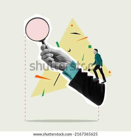 The man steps towards the hand with the magnifying glass. Art collage.