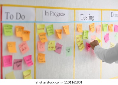 Man With Sticker Near Scrum Task Board In Office