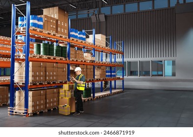 Man storekeeper. Customs officer near racks of boxes. Storekeeper with tablet keeps track of goods. Man standing in storage hangar. Customs warehouse. Storekeeper registers goods in application - Powered by Shutterstock