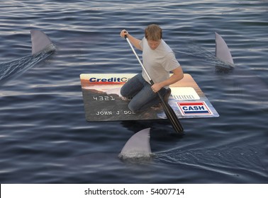 Man Stranded On A Raft Made Of A Huge Credit Card In The Ocean While Being Circled By Sharks