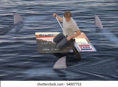 Man Stranded On A Raft Made Of A Huge Credit Card In The Ocean While Being Circled By Sharks