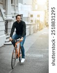 Man, street and happy with riding bicycle in city at sidewalk for transportation and commute in Italy. Male person, outdoor and smile with bike for carbon footprint, eco friendly and environmental