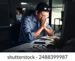 Man, stress and business or night office, working late and worried for company deadline. Mental health, crisis and headache for audit preparation, corporate and dark workplace for finance advisors