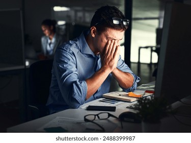 Man, stress and business or night office, working late and worried for company deadline. Mental health, crisis and headache for audit preparation, corporate and dark workplace for finance advisors - Powered by Shutterstock