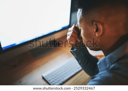 Man, stress and computer screen in office at night, project management crisis and networking fail. Male person, mockup space and pc for eye strain in workplace, accountant and online for trading