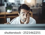 Man, stress and office for employee burnout, tired finance consultant and computer mistake or fail. Male person, professional crisis and workplace fatigue at desk, mental health and trader depression