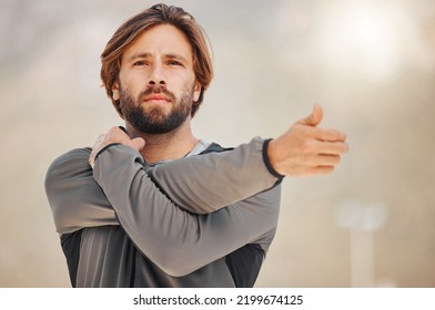 Man Stretching For Fitness Training In City, Running For Cardio Exercise And Workout For Strong Body Motivation. Commitment, Healthy And Sports Runner Or Athlete Ready For Sport Competition