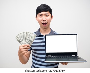 Man Striped Shirt Earn Money With Job Holding Laptop White Screen Isolated