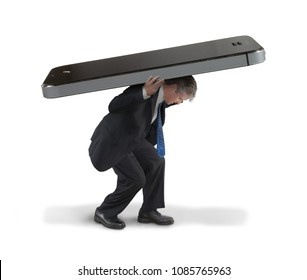 Man Struggling To Carry Huge Cell Smartphone Representing Social Media Communication Burnout Constantly Connected To Everyone, Mass Media, Online Content, Hypermedia, Fake News Political Propaganda.