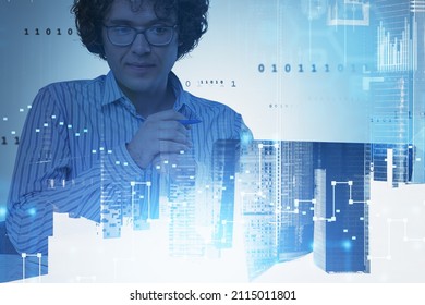 Man student programmer using laptop. Stock market dynamics and binary hologram. Business building, double exposure, bar chart and icons. Concept of data and development - Powered by Shutterstock - Get 15% off with code: PIKWIZARD15