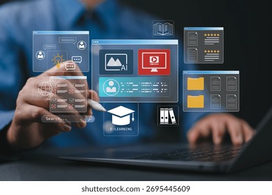 Man or student use laptop for e-learning education learning and training online with webinar, video tutorial, internet lessons and online course application