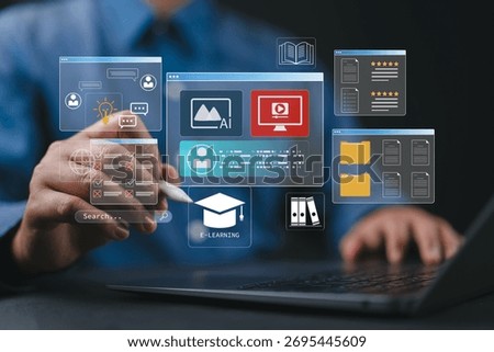 Man or student use laptop for e-learning education learning and training online with webinar, video tutorial, internet lessons and online course application