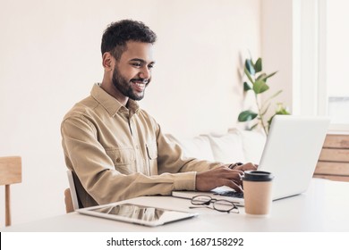 Man Student Working On Computer. Businessman Using Laptop At Home. Internet Marketing, Freelance Work, Working From Home, Online Learning, Studying, Lockdown Concept. Distance Education