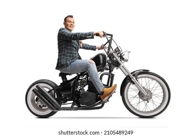 Man In Stylish Clothes Riding A Chopper Motorbike Isolated On White Background