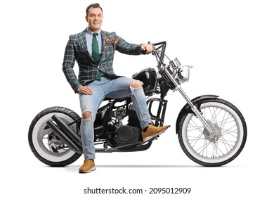 Man In Stylish Clothes Sitting On A Chopper Motorbike Isolated On White Background