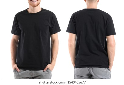 Man in stylish t-shirt on white background. Front and back view