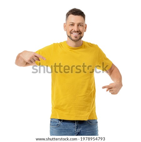Similar – Image, Stock Photo Funny young man on brick wall with open hands