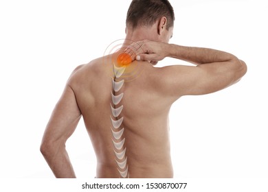 Man Suffering From Back And Neck Pain. Muscle Spasm, .Chiropractic Concept. Sport Exercising Injury