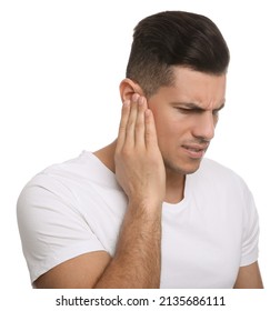 Man Suffering From Ear Pain On White Background