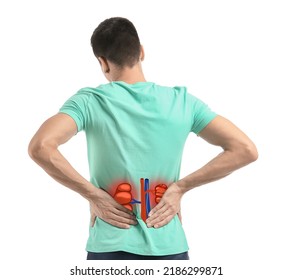 Man Suffering From Kidney Pain On White Background