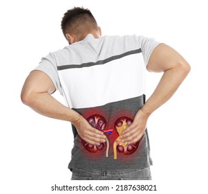 Man Suffering From Kidney Pain On White Background