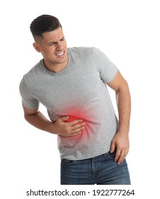 Man Suffering From Liver Pain On White Background
