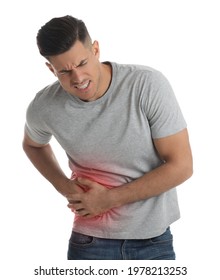 Man Suffering From Liver Pain On White Background