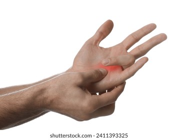 Man suffering from trigger finger on white background, closeup - Powered by Shutterstock