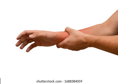 Man suffers from wrist pain, isolated. Causes of pain include sprained wrist, red spot. Healthcare concept. - Shutterstock ID 1688384059