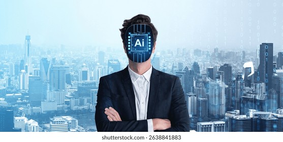Man in suit with AI circuit board face stands over futuristic city skyline, symbolizing artificial intelligence and digital transformation